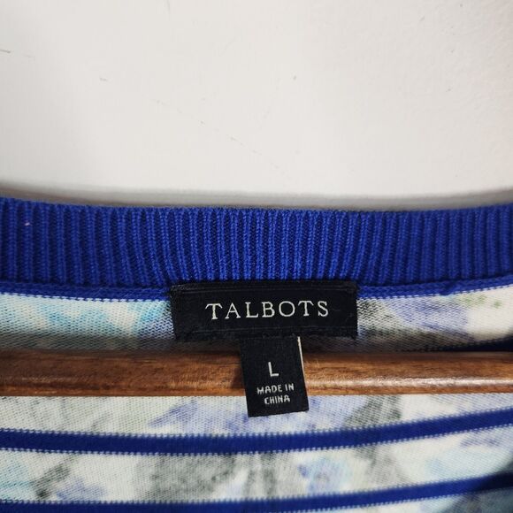 Talbots Womens White Blue Striped Floral Button Up Cardigan Size Large Coastal - Picture 3 of 9